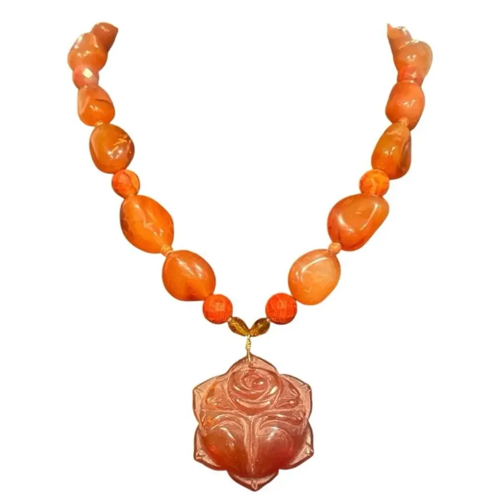 Vintage Korea Carnelian Rose Pendant Necklace Hand Carved Statement Floral 111g